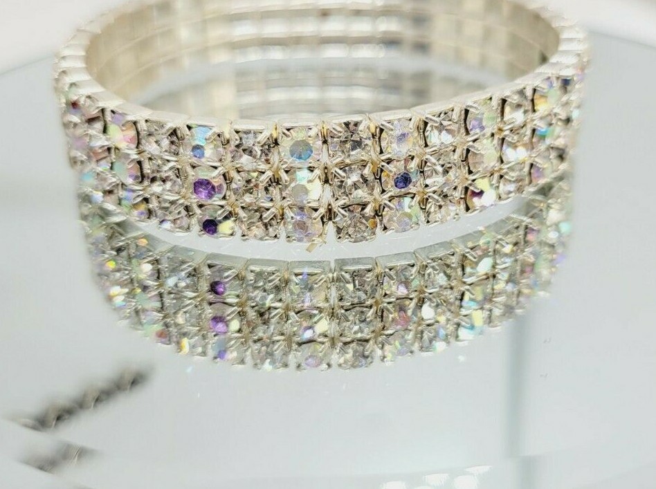 Silver Tone Crystal AB Aurora Borealis Stretch Bracelet One Size ROCKER Biker .5
