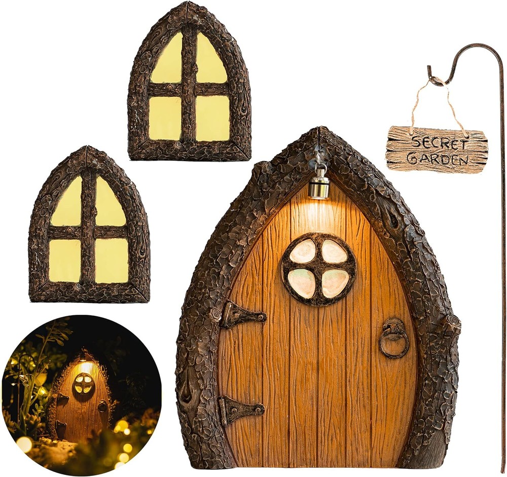 Glow in the Dark Fairy Door and Windows for Trees - Magical Yard Art Sculpture