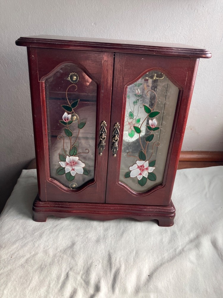 Wood Jewelry Box With 4 drawers, side compartment with necklace carousel.