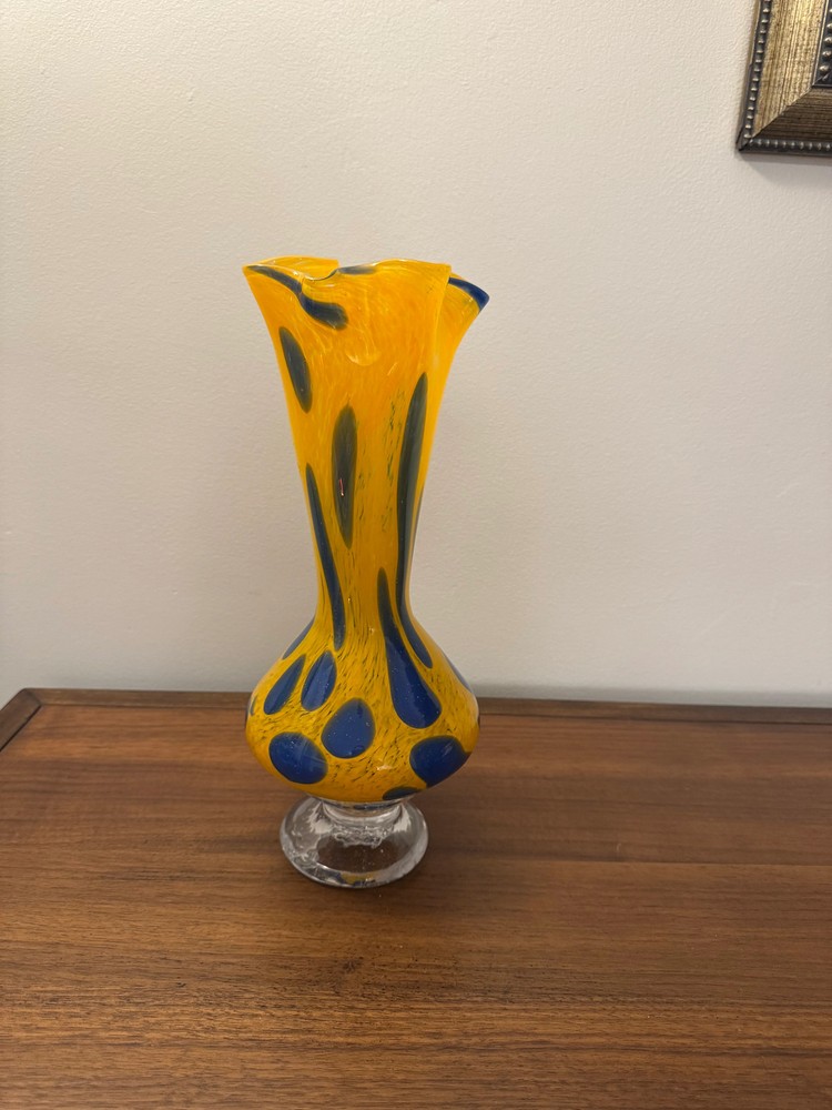 Blown Glass Lava Lamp Style Vase Orange Cobalt Blue Bubbles Art Glass