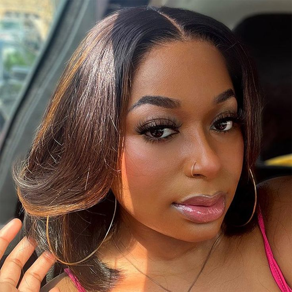 Short Brown Highlight Human Hair Lace Front Wig Glueless Remy