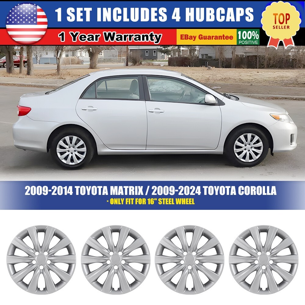 4pcs 16-Inch Silver Snap-On Wheel Covers for 2009-2025 Toyota Corolla