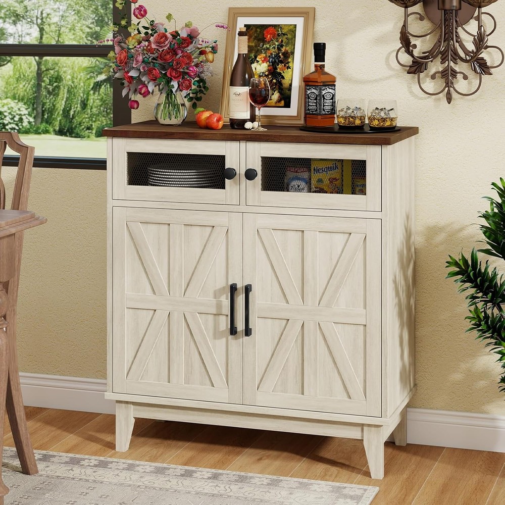 Farmhouse cabinet with barn doors and adjustable shelves for versatile storage