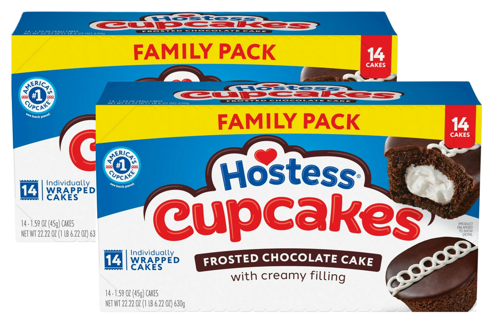 (2 Pack) Hostess Cupcakes, Chocolate Snack Cakes, 22.22 oz Box (14 Count)