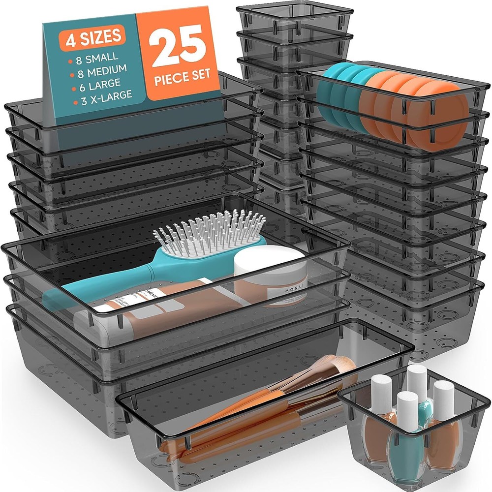 25-Piece Plastic Drawer Organizer Set with 4-Size Trays for Versatile Storage