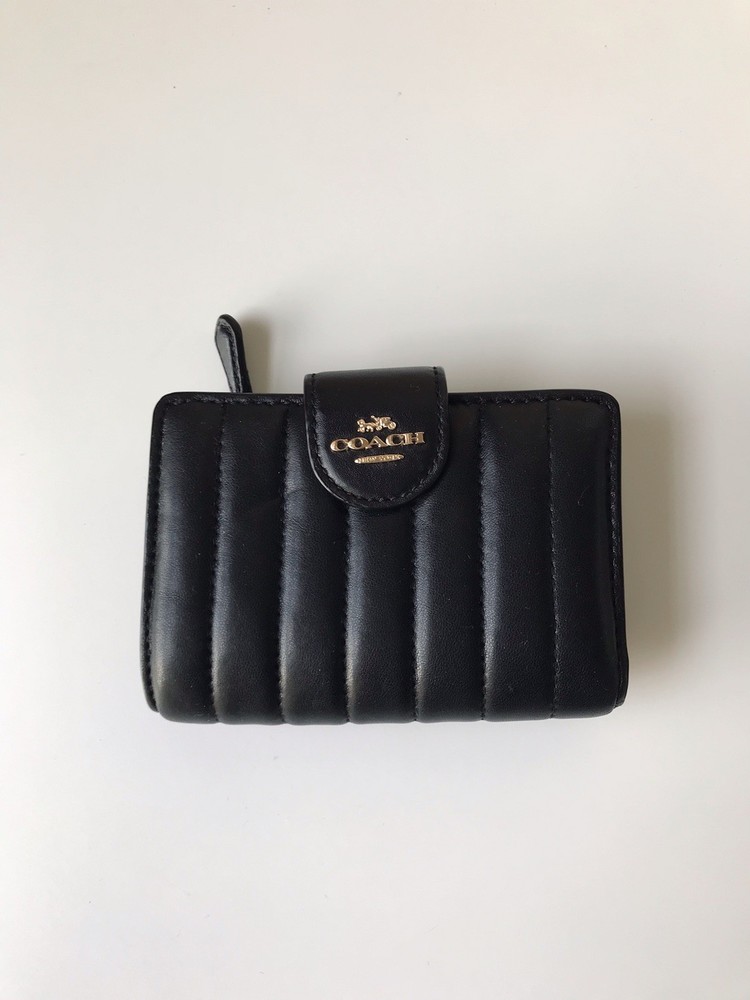 Coach Quilted Leather Bi-fold Wallet in Black & Gold for Women