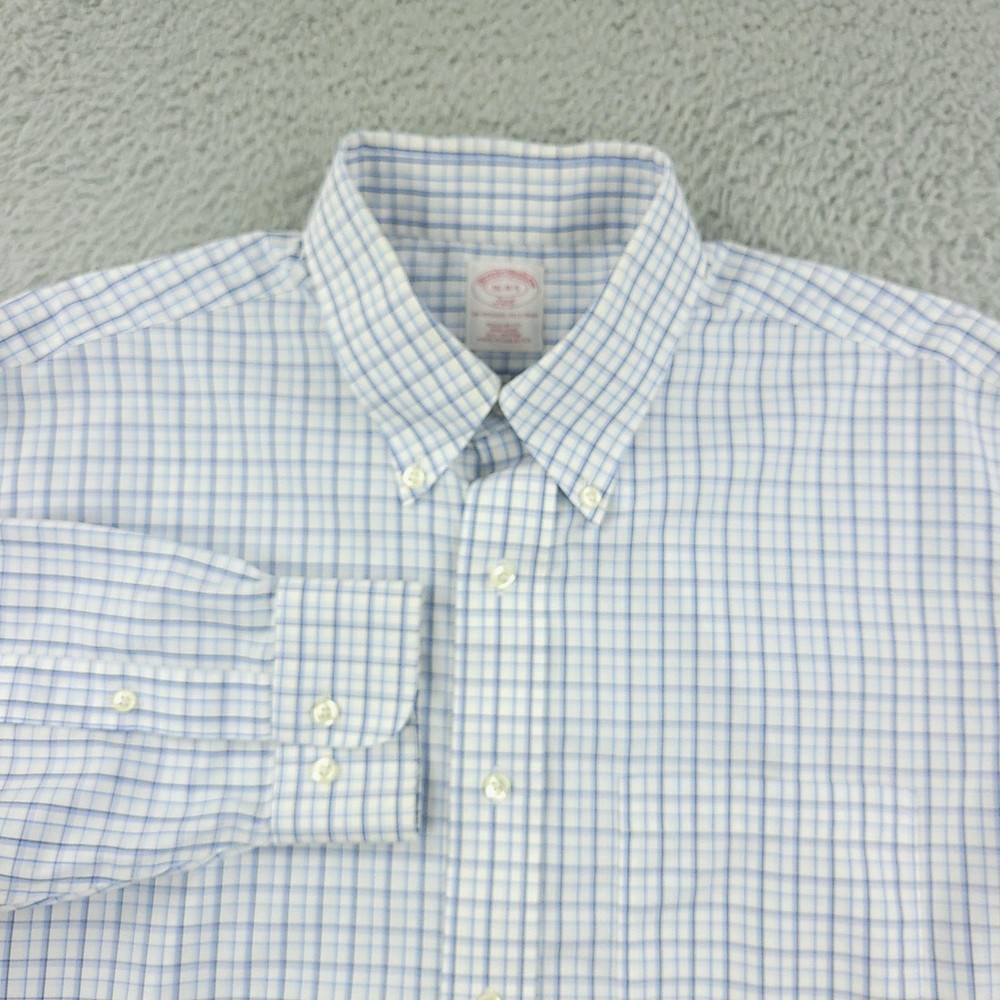 Brooks Brothers 346 Shirt Mens 16 Blue Check Regular Fit Non Iron Cotton