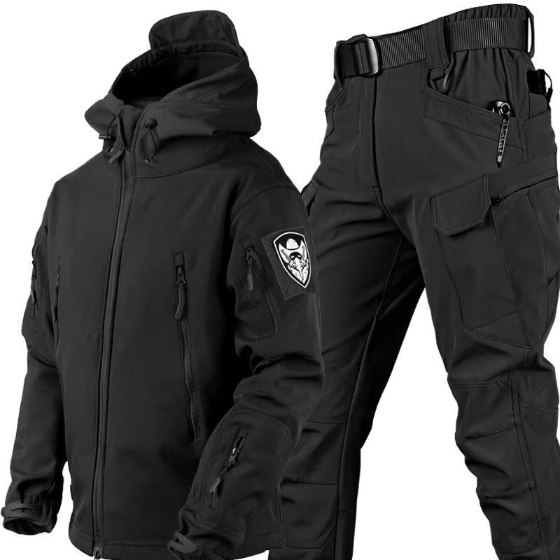 Winter Waterproof Jacket and Fleece Cargo Pants Set Men’s 2 Piece Tracksuit