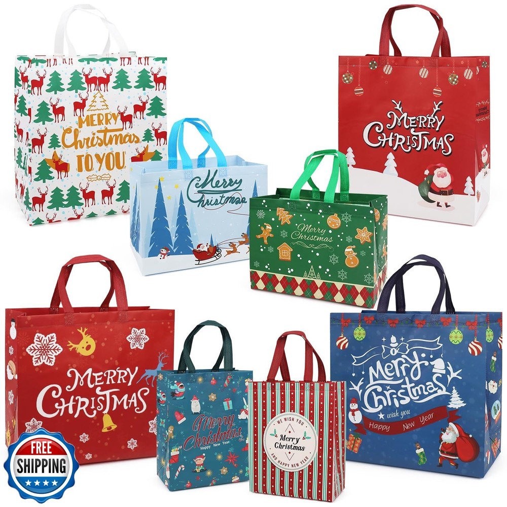 PARSUP 24PCS Assorted Sizes Christmas Tote Bags with Handles, Non-Woven Gift