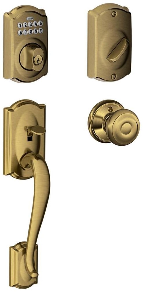 Schlage FE365-CAM-GEO Brass Camelot Electronic Handleset Georgian Knob