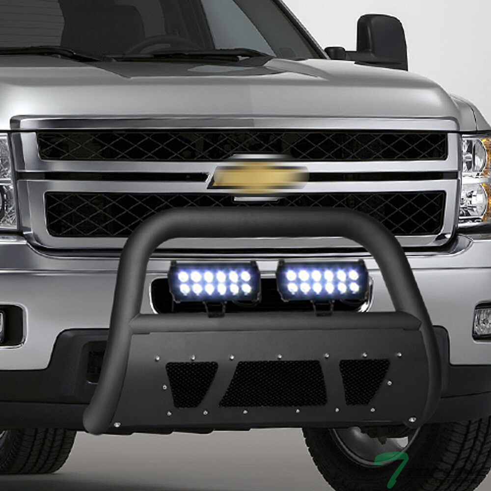 Topline For 07-10 Silverado/Sierra Matte Blk Studded Mesh Bull Bar+36W LED Lamps