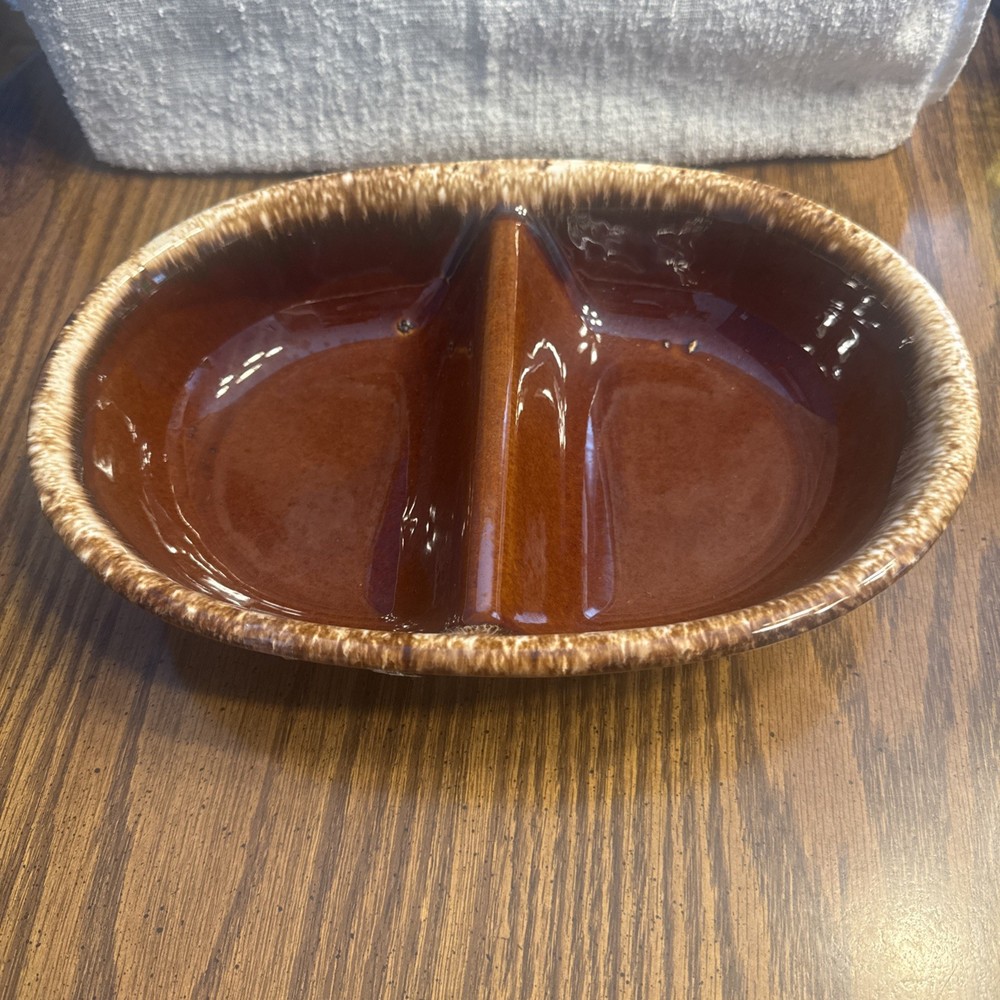 Hull Pottery HP Divided Dish Casserole Brown Drip Vintage USA Oven Proof Oval