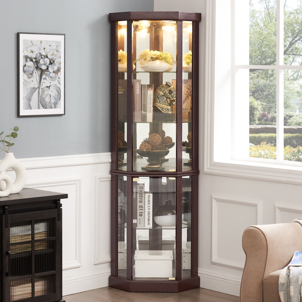 Corner Display Cabinet with Lighting Fixture Classic Design Two Glass Doors