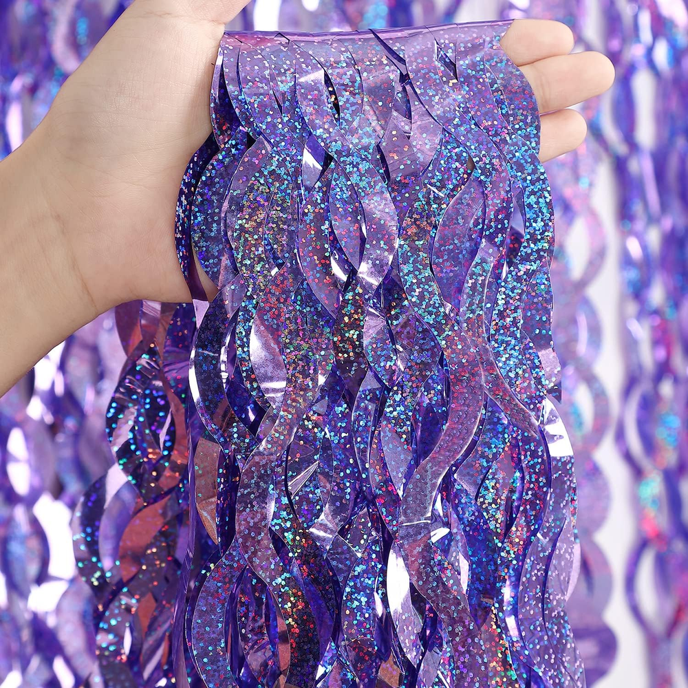 Purple Foil Fringe Curtains Party Decorations -  3 Pack 3.3 Ft X 6.6 Ft Foil Par