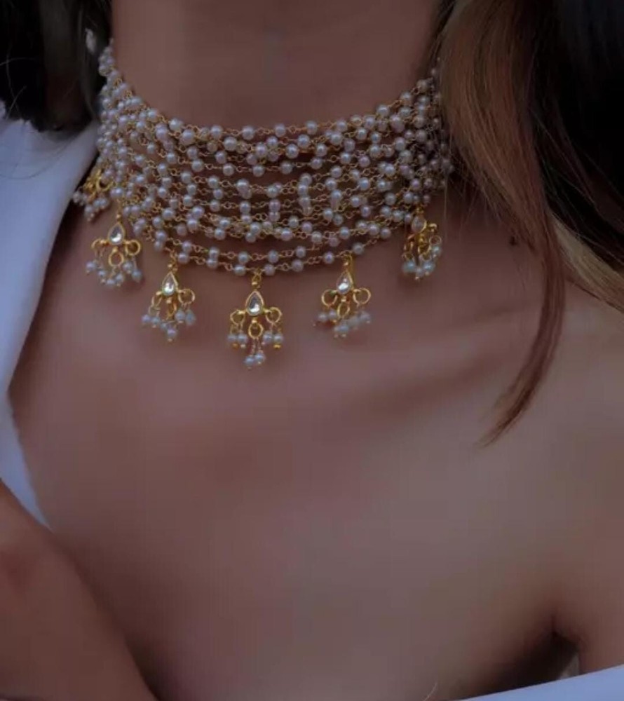 Luxury Ethnic Wedding Golden Laheria Choker Cut Kundan Necklace for Women