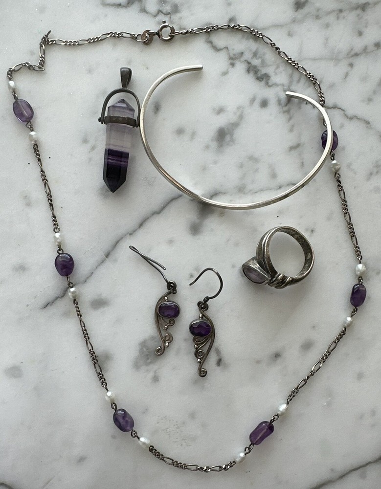 Small Sterling Silver Jewelry Lot, 5 Pieces, 22.3g, Amethysts