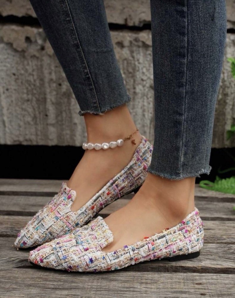 Women’s Multicolor Tweed Loafers – Pointed Toe Flats, EU 42 / US 9.5