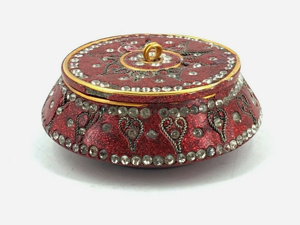 Traditional Indian Bollywood Rhinestone Enamel Trinket Box 3 Inch Wire Design