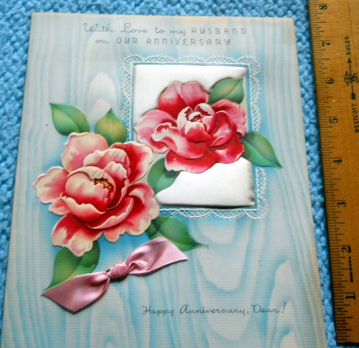 VINTAGE* Anniversary to my HUSBAND * OURS *ROSES * EMBOSSED* pink ribbon & Silk
