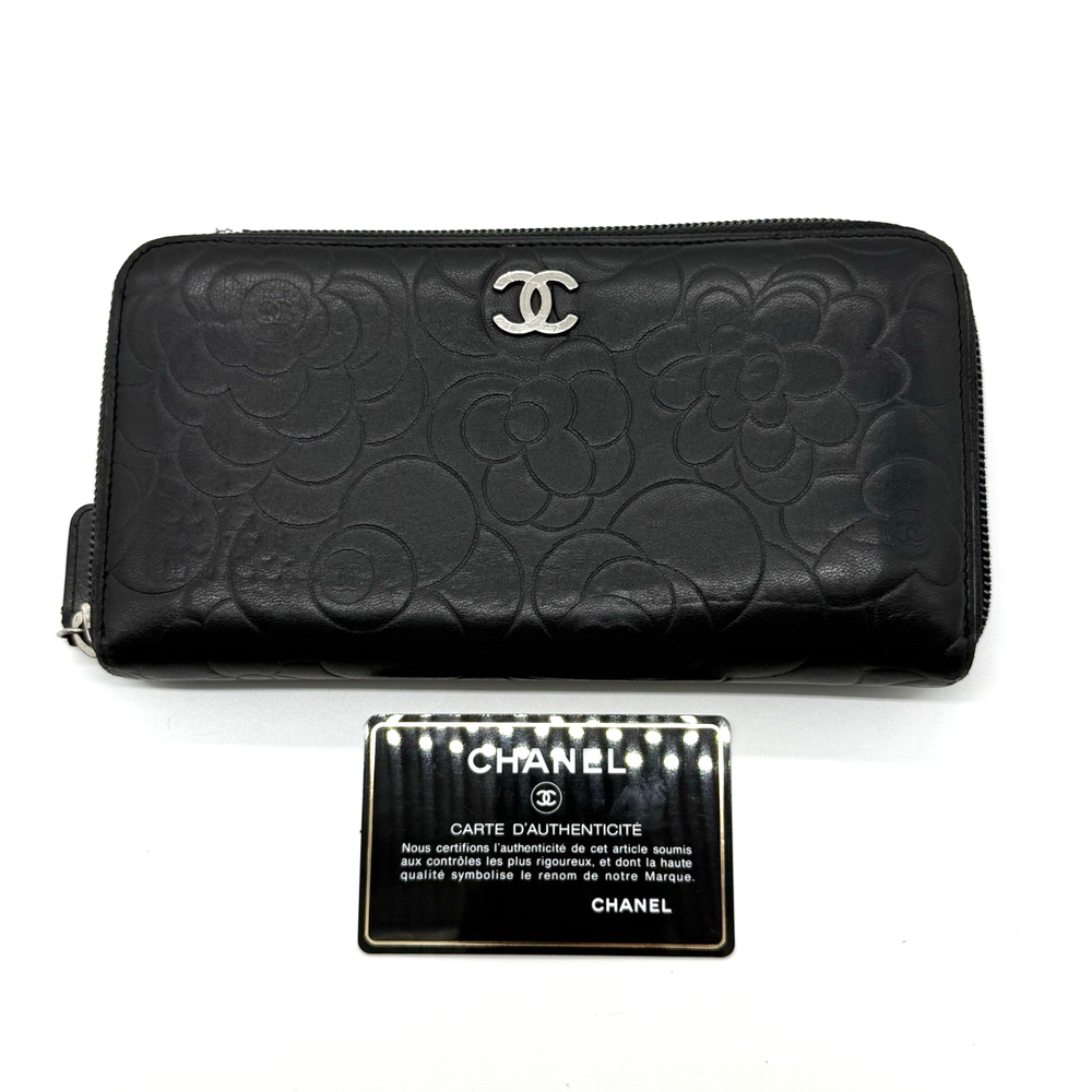 CHANEL Camellia Long wallet Zip Around CC Coco Lambskin Leather Black Authentic
