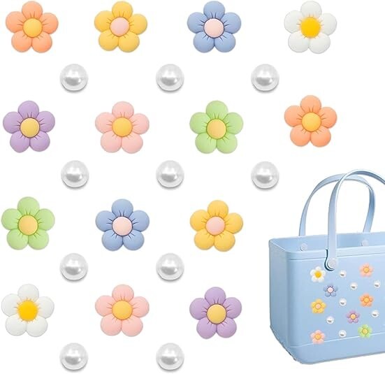 24-Piece Pearl & Flower Charms for Bogg Bags - Beach Tote Accessories