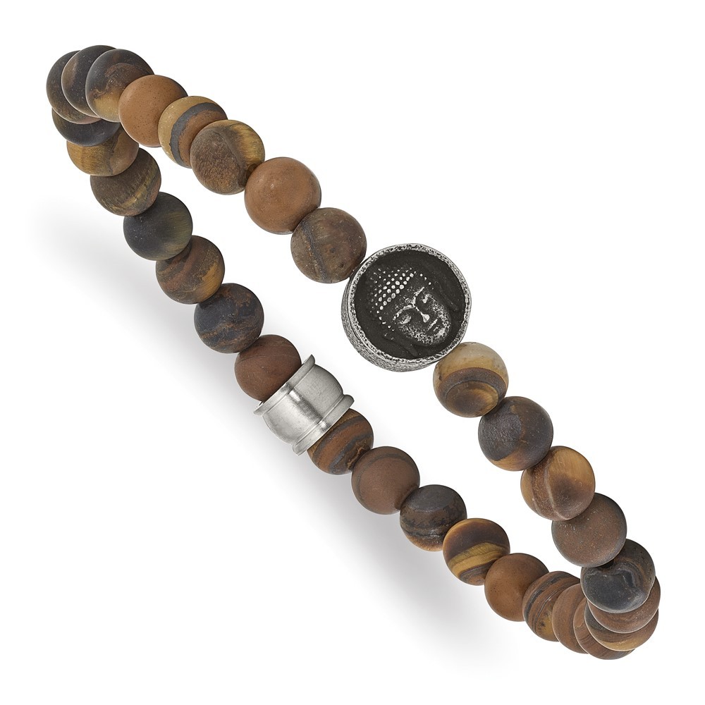 Stainless Steel Brushed Buddha 6.5mm Tiger's Eye Beaded Stretch Bracelet 7