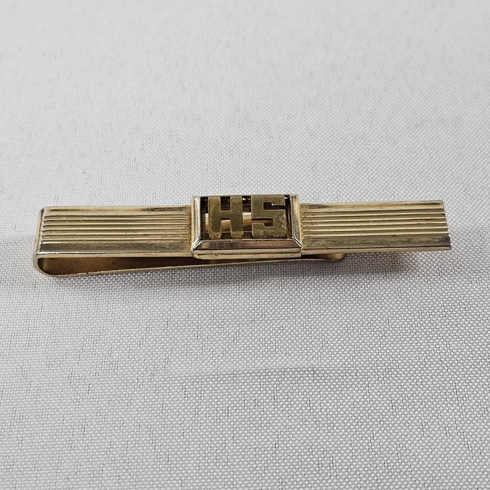 Vintage Swank Gold Tone Tie Clip with Initials HS or SH - Mens Retro Accessory