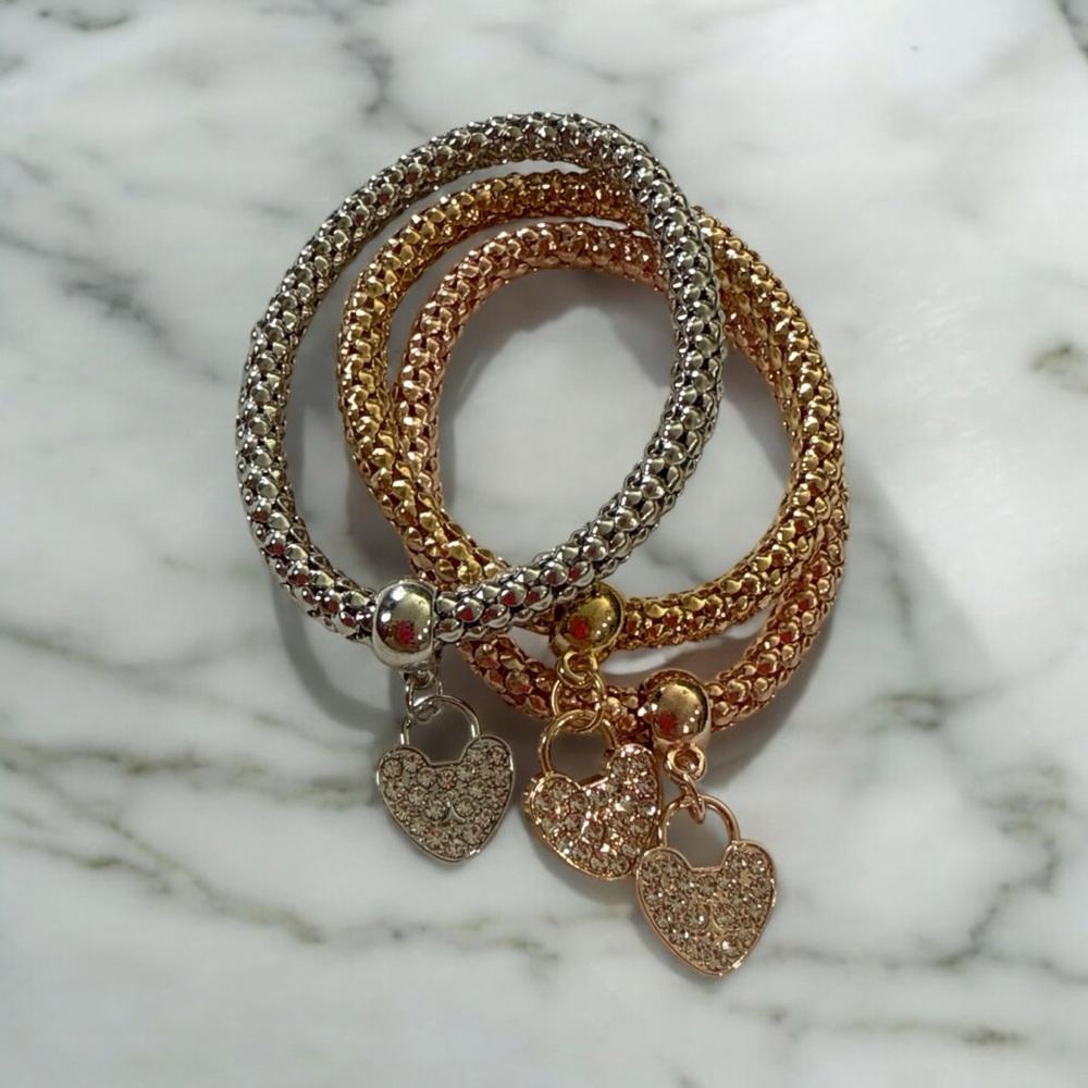Designer Inspired Mesh Stretch Bracelet Set w/ Crystal Heart Charm Tri-Color Set
