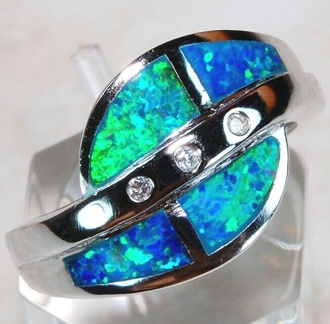 Australian Opal Inlay & Topaz 925 Solid Sterling Silver Ring Jewelry Sz 8 DT3