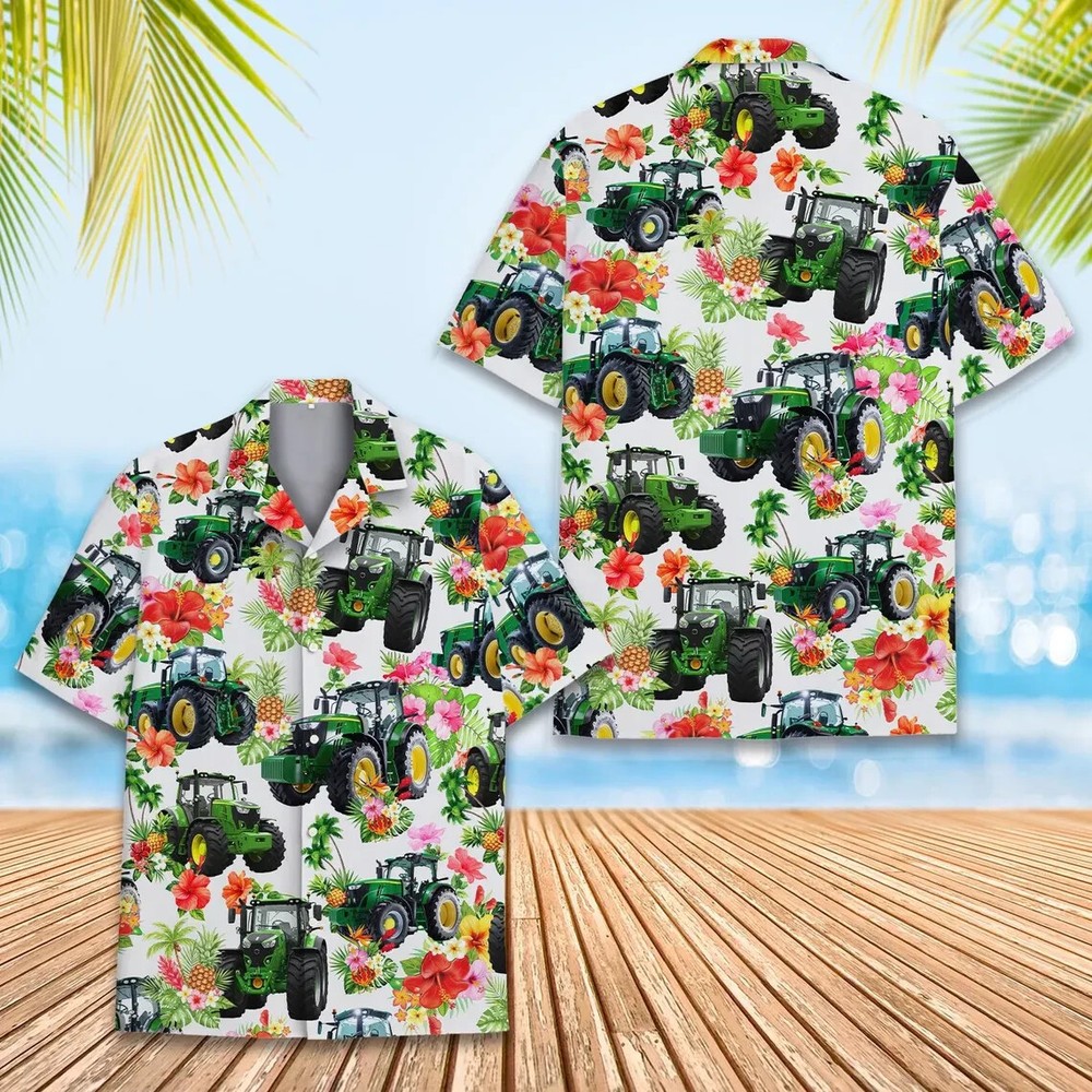 Tropical Tractor Hawaiian Shirt , Button Down Full Size S-5XL