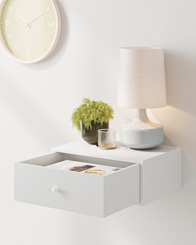 Wall-mounted white floating nightstand with storage drawer