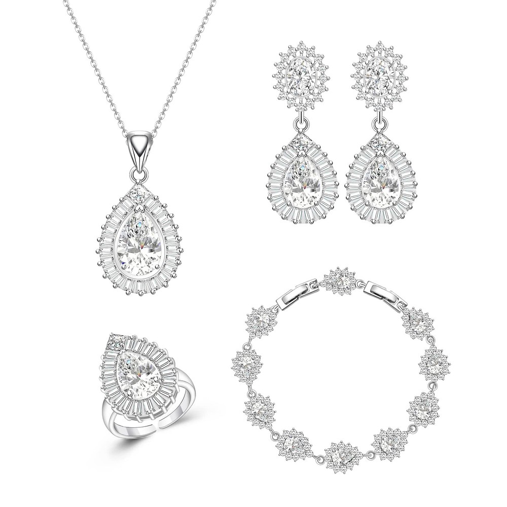 GZWHD Women’s Sparkling Teardrop Jewelry Set with Earrings Necklace Bracelet