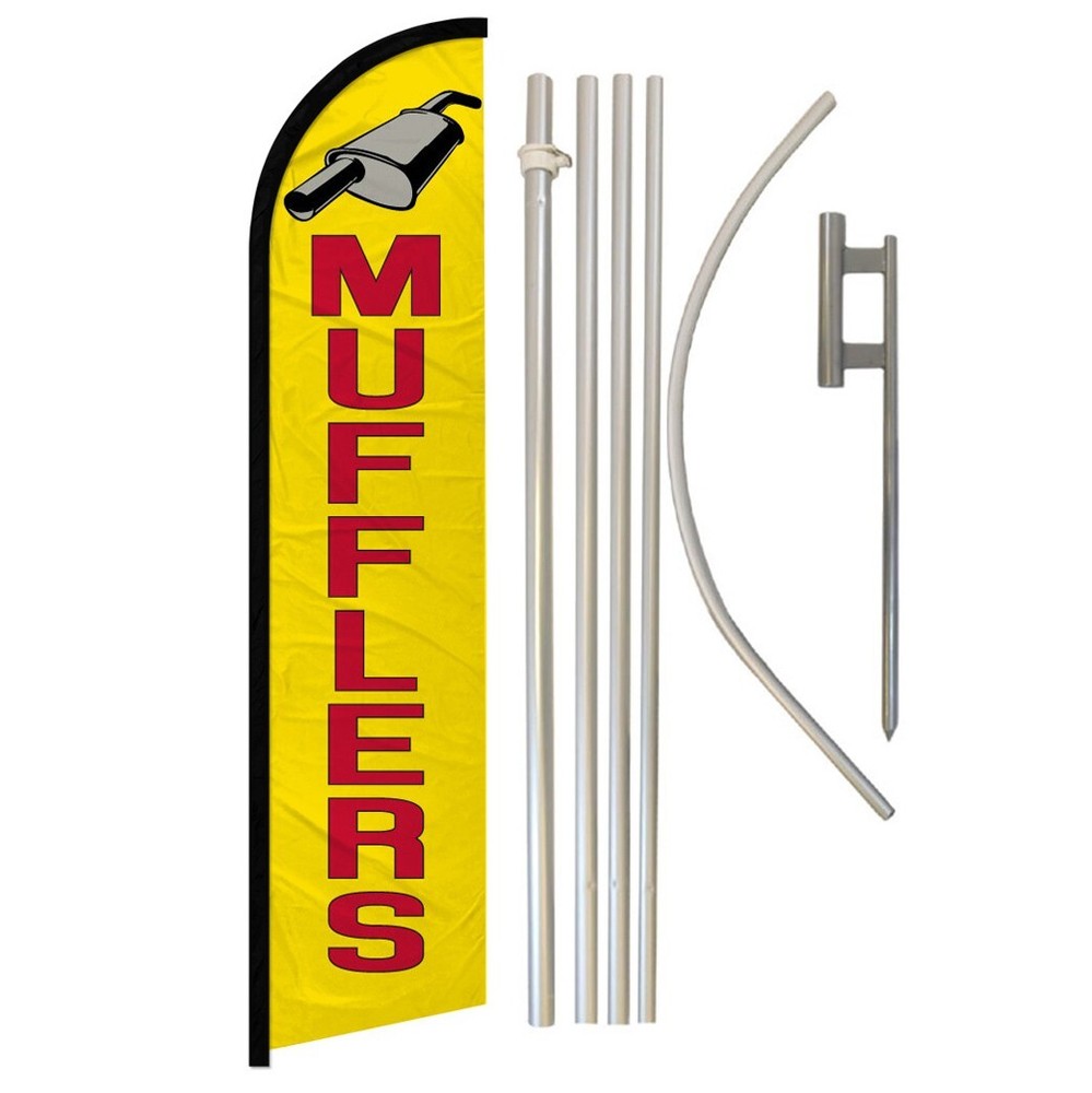 Full Curve Windless Swooper Flag Pole Kit with Mufflers for Mechanic Service Shops and Auto Repair Stations