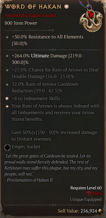 Diablo 4🔥Season 7 Softcore🔥Word of Hakan ROGUE Unique Amulet