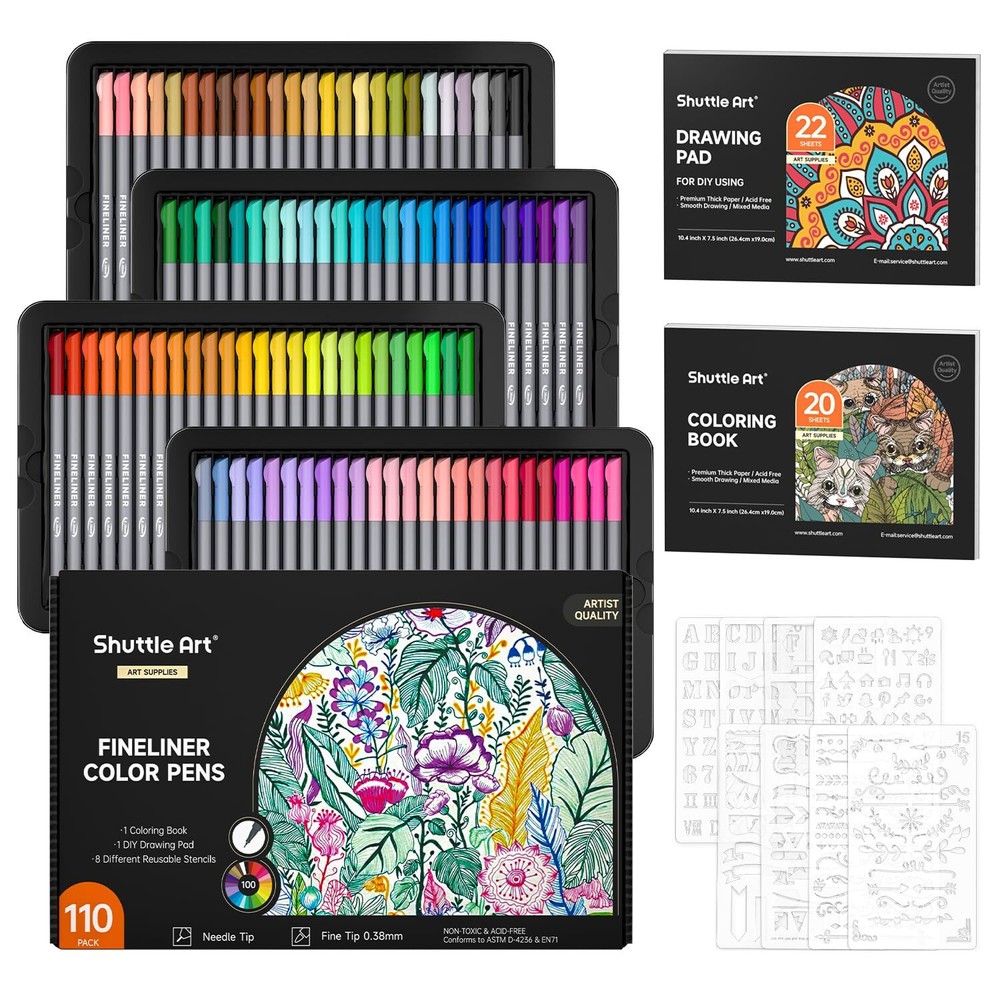 Shuttle Art Fineliner Colored Pens, 100 Colors 0.4mm Fine Point Pens with Ste...