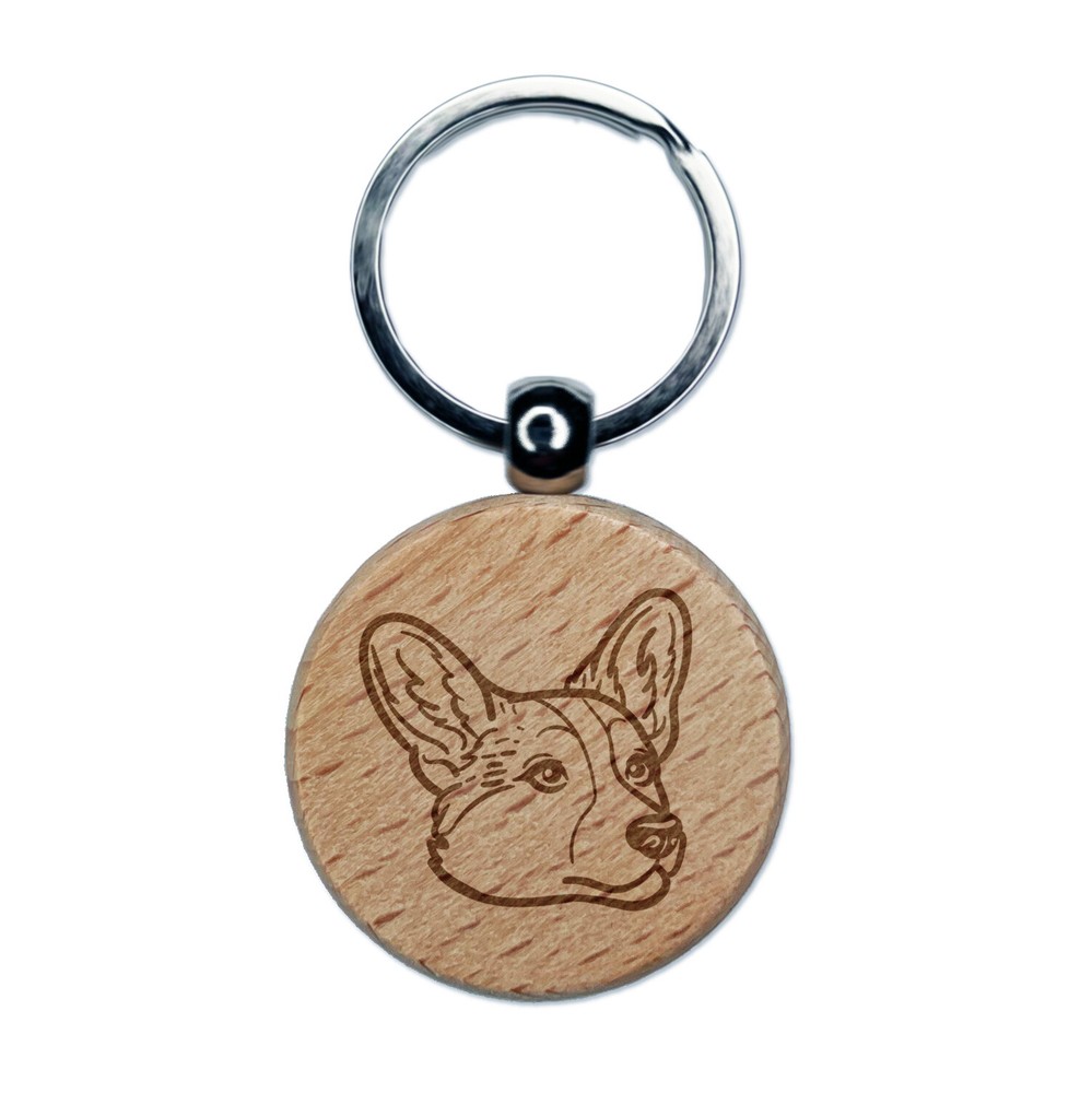Cardigan Welsh Corgi Head Engraved Wood Round Keychain Tag Charm