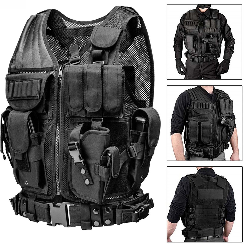 US Tactical Vest Military Combat with Pistol Gun Holster Pouch Adjustable Belt
