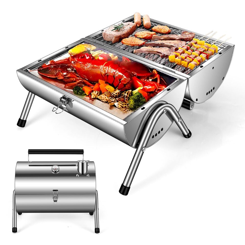 Stainless Steel Adjustable Portable Charcoal Grill, Multi-functional Metal Sm...