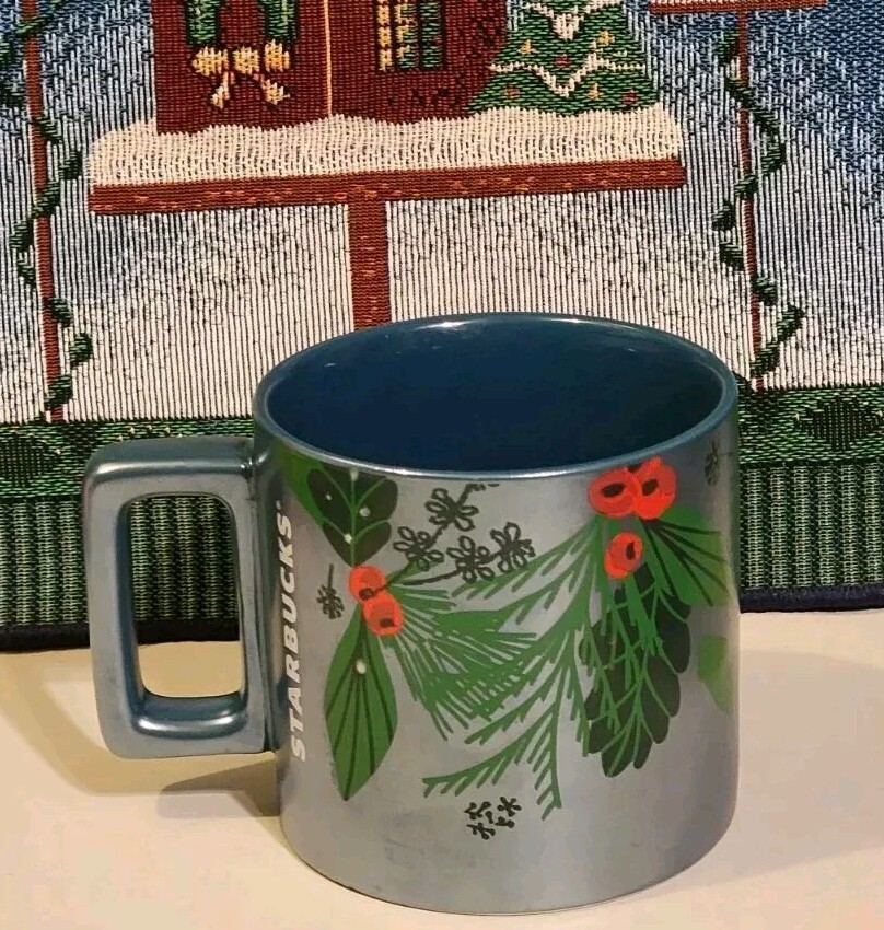 Starbucks 2021 Pinecone Holly Berries Blue Metallic Mug Christmas Holiday 14 oz