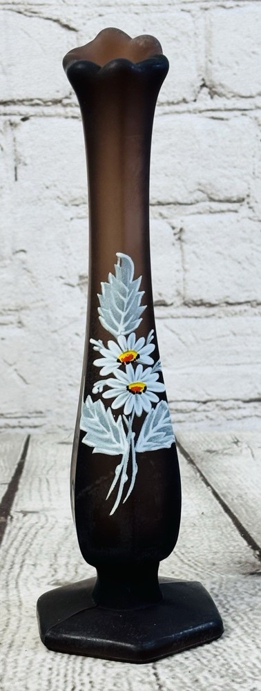 Westmoreland Brown Satin Glass Bud Vase 8.75” Hand Painted Daisy Floral