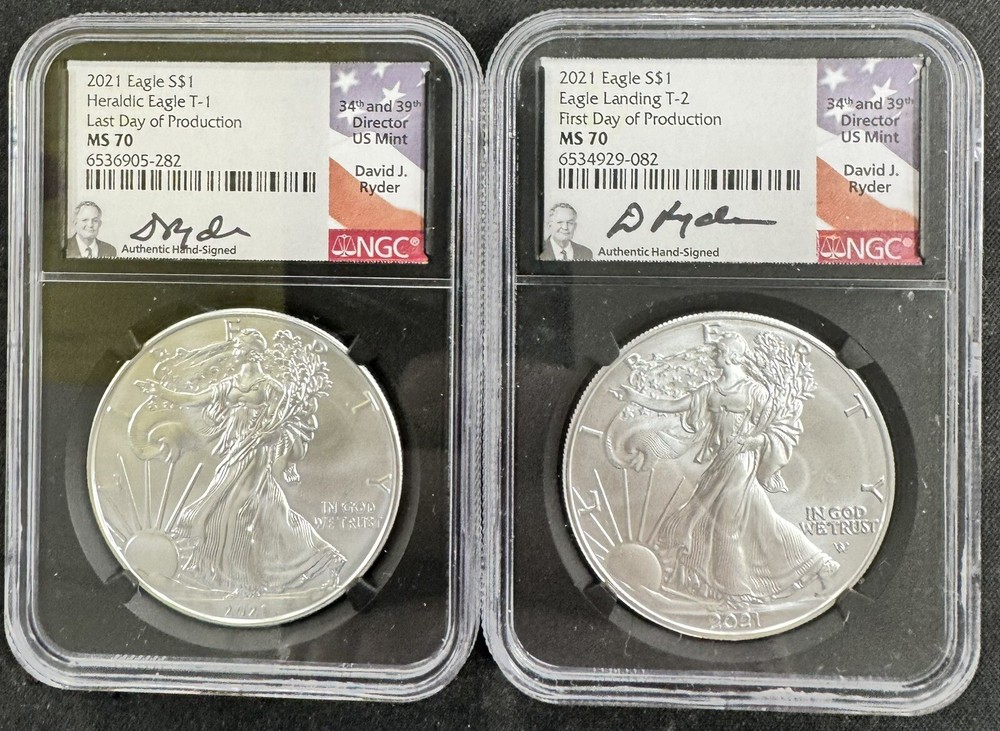 2021 Type 1 & 2 Silver Eagles RYDER Signed MS70 1st Day Of Production