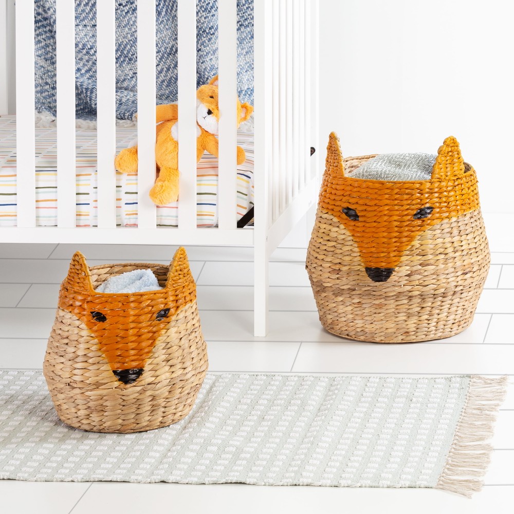 Wicker Water Hyacinth Fox Shaped Storage Basket Set of 2 Natural/Orange