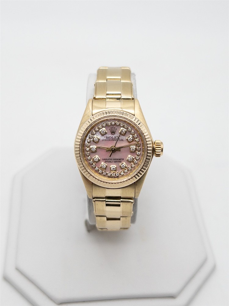 Rolex Oyster Perpetual 14k Yellow Gold Ladies Watch Pink MOP Diamond Dial $20K