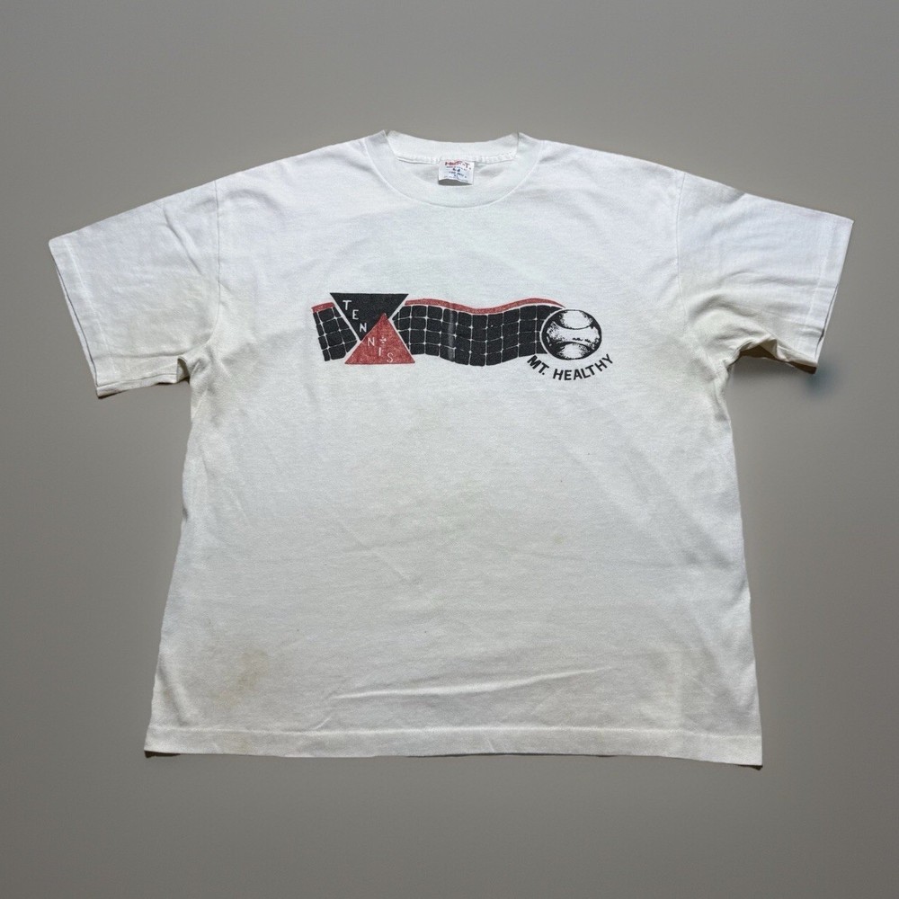 Vintage 80s 90s Mt. Healthy Tennis T-Shirt Mens Size XL Graphic Sports Tee White