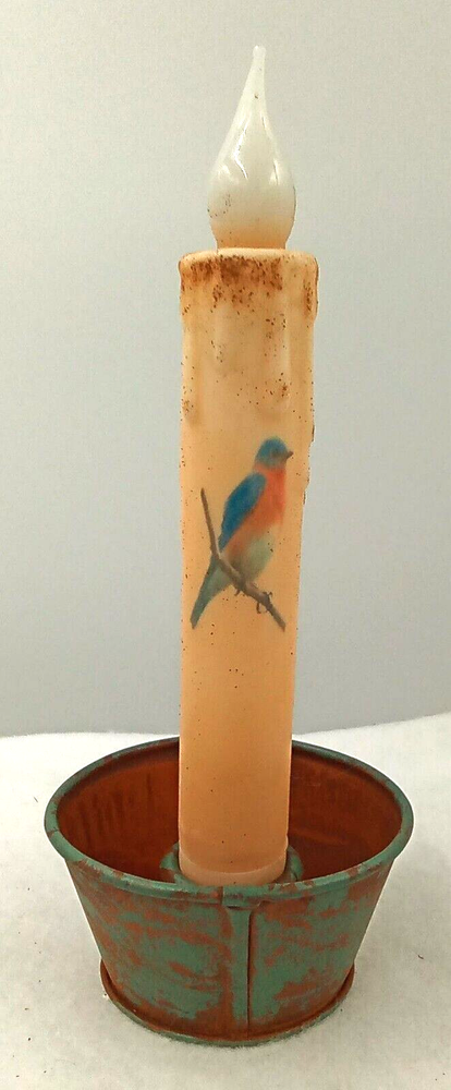 Battery Operated LED Taper Candle in Rusty Green Metal Holder Bluebird Design 7 Inch