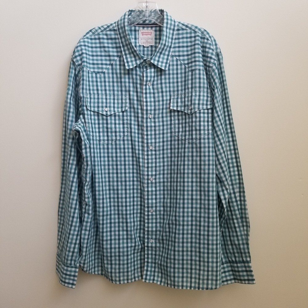 Levi's Green Stripe Western Mens Long Sleeve Snap Button Shirt Top Sz XL Pockets