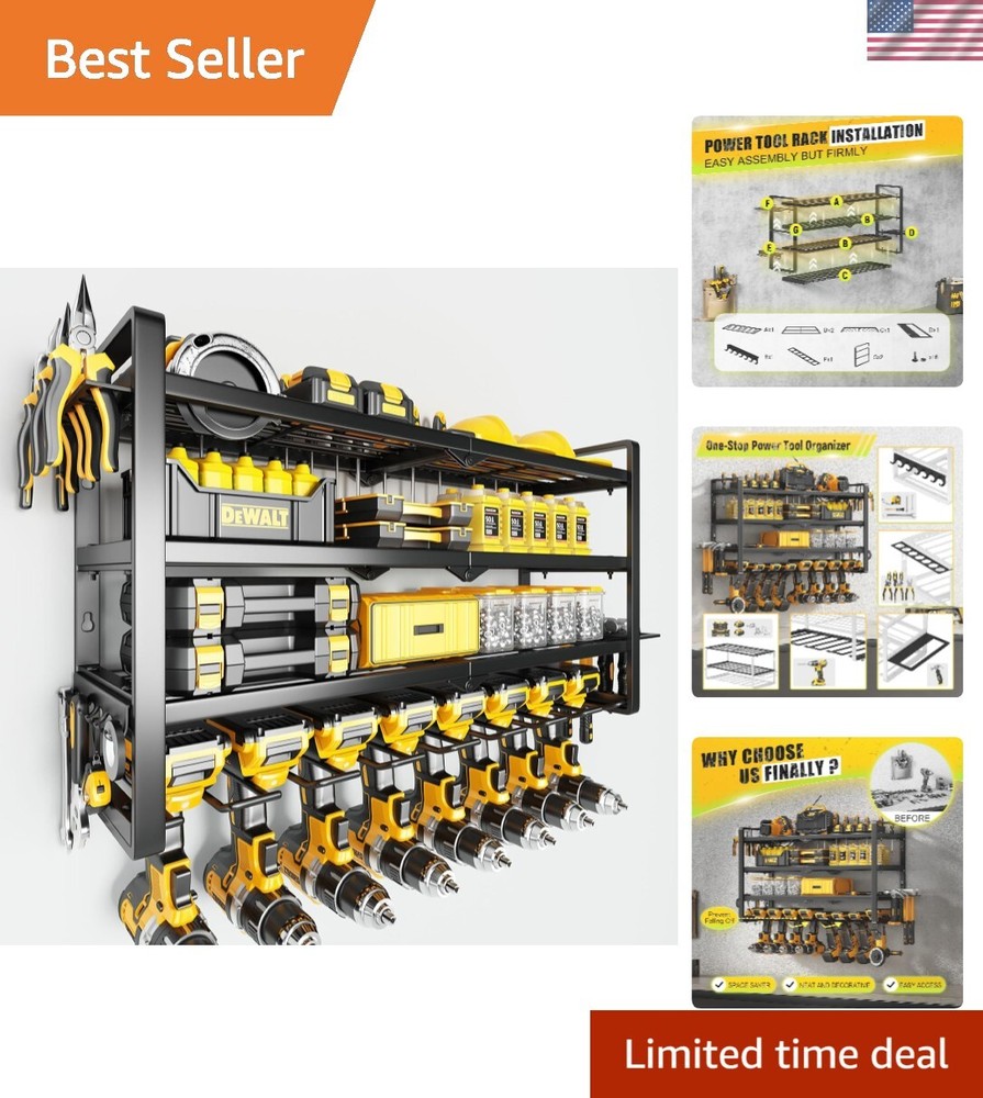 Heavy-Duty 4-Tier Power Tool Wall Mount Rack with 8 Drill Holders - 180Lbs Capacity