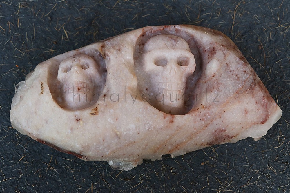 Double Skull Carved Natural Himalayan Samadhi Quartz Cluster Raw Stone 1.591 Kg-image