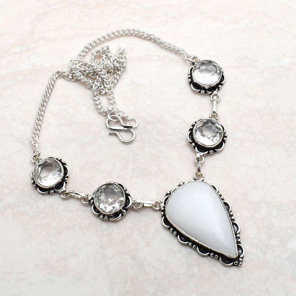 White Opal White Topaz Gemstone Ethnic Handmade Necklace Jewelry 25 Gms AN 68412