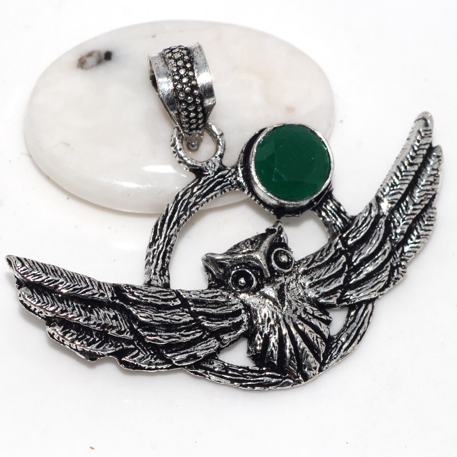 925 Silver Green Onyx Owl Gemstone Pendant Jewelry 1.5